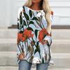 Übergröße Damen Frühling Blumendruck Bequem Langarm Rundhalsausschnitt T-Shirt Lässig Locker Mittellang Tee Tops