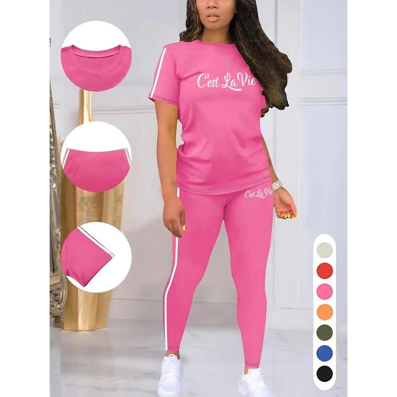 Moisture Wicking Ladies Short Sleeve T-shirt High Waist Full Length Leggings Fitness Two Piece