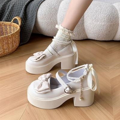 Summer New Round Head Shallow Bow Thick Heel Mary Jane Shoes Platform One-line High Heels