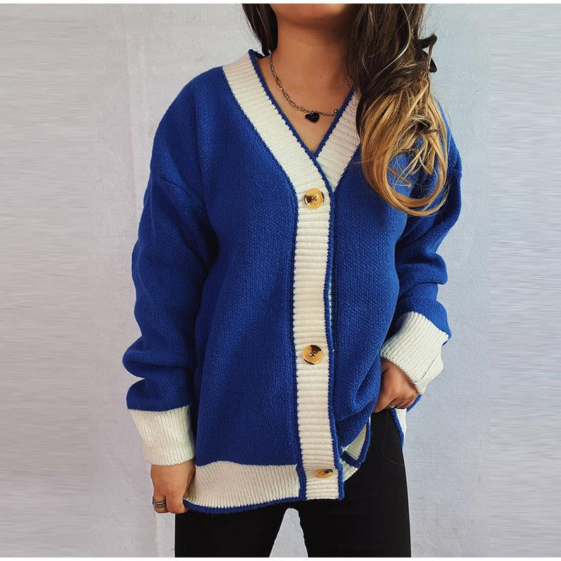 Knitted Cardigan Women V-neck Sweater Autumn Winter Single Breasted Coats Fashion Long Sleeve Panelled Casual Outerwear