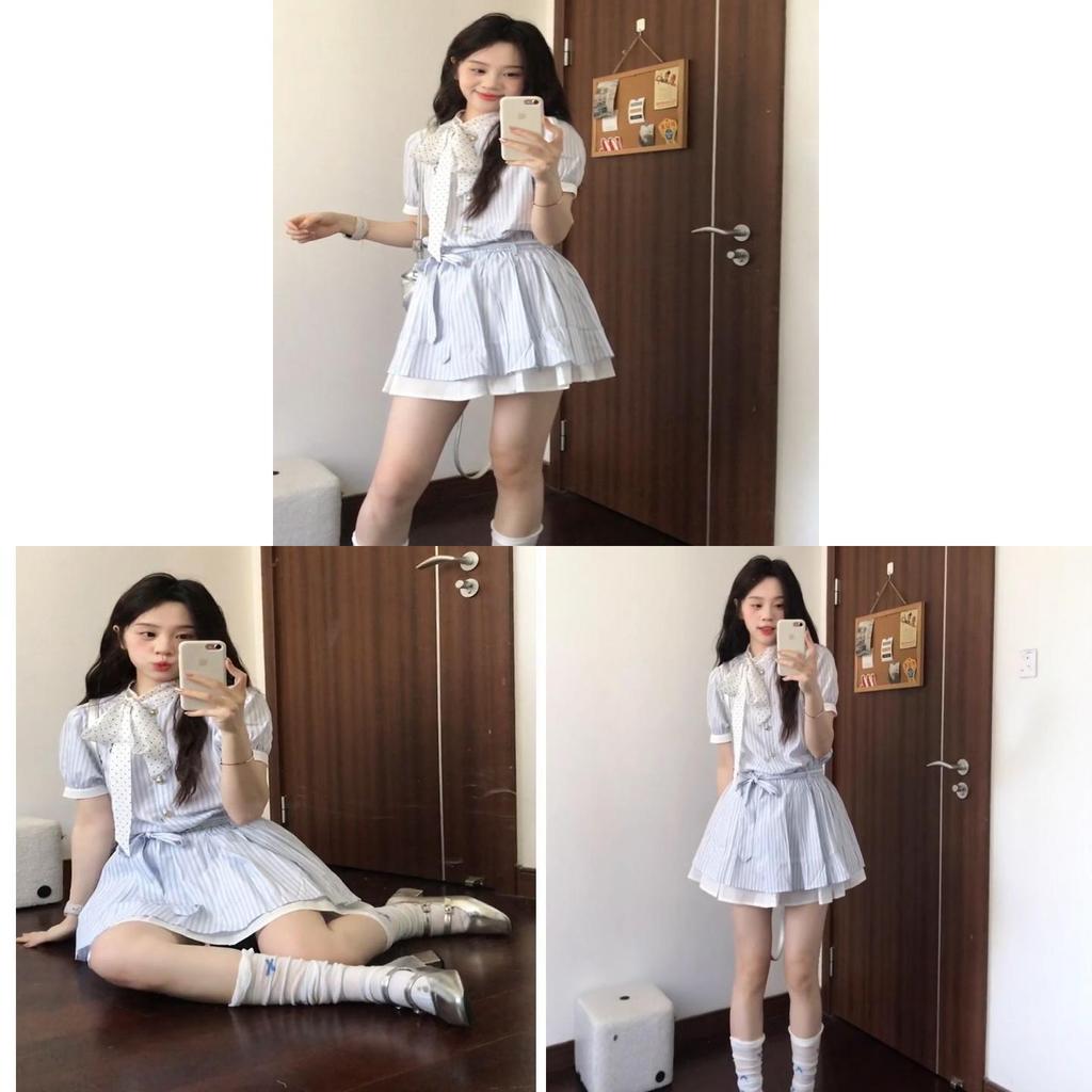 Summer Korean Style Polka Dot Striped Tiewaist Dress For Women