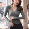 Women V Neck Wrap Long Sleeve Knit T Shirt Slim Ribbed Fitted Basic Casual Blouse Top