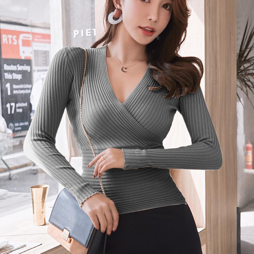 Women V Neck Wrap Long Sleeve Knit T Shirt Slim Ribbed Fitted Basic Casual Blouse Top