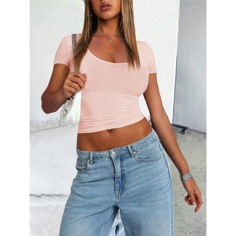 Women's Short Sleeve Square Neck Slim Fit Navel T-Shirt