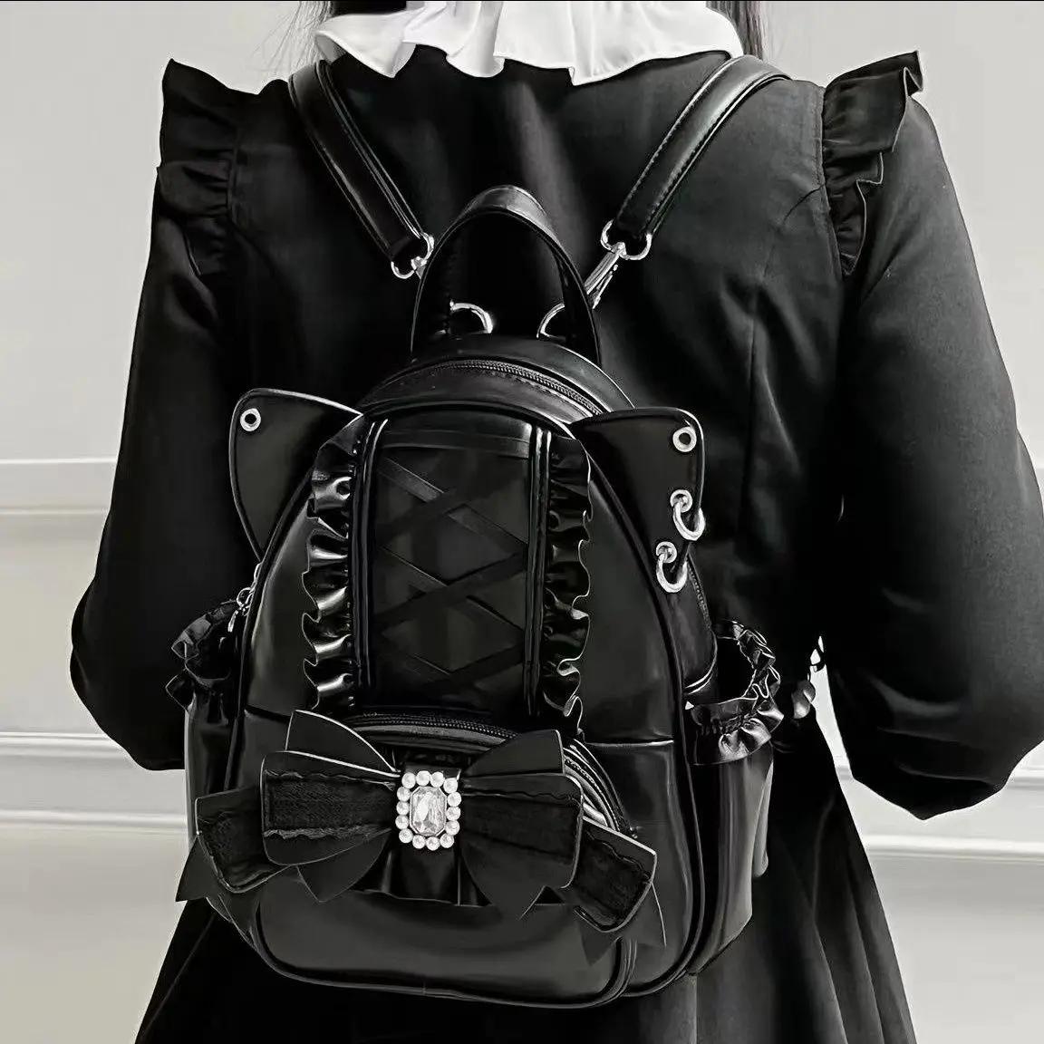 

JIAERDI Hurajuku Mini Mochila Lace Cat s Ear School Bag Cute Large Capacity Mochilas Mujer Lolita Sweet Bow Student Backpack Y2K чёрный