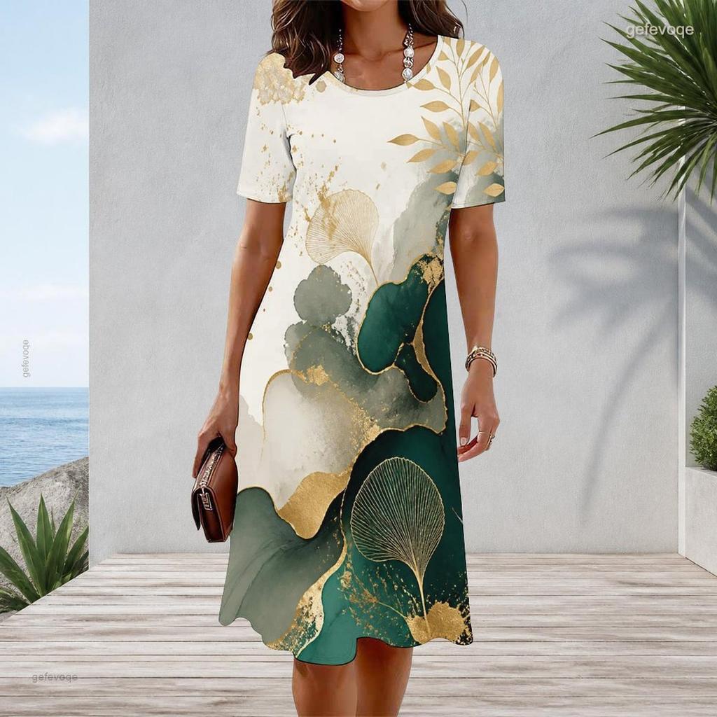 Women Plus Size Round Neck Short Sleeve Marble Printed Blue A Line Midi Dress