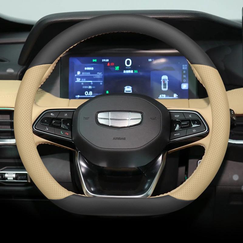 Genuine Leather Steering Wheel Cover for 24 Geely Models: Haoyue L, Xingyue L, Zhiqing, Xingrui, Binrui, Binyue - Green
