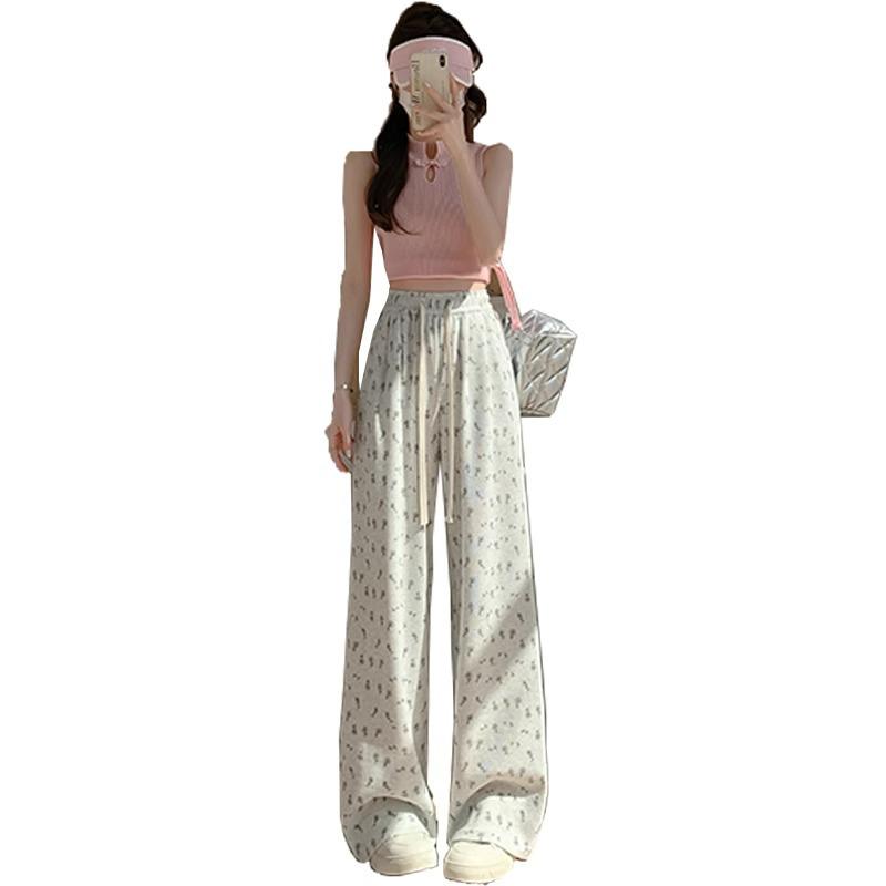 Petite 150 Women's Floral Wide-Leg White-Gray Sweatpants: Casual Spring/Summer American Style 145cm