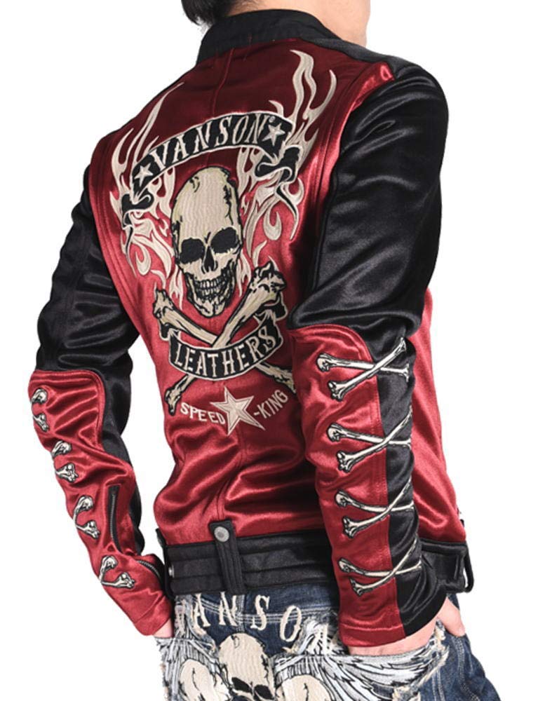 by our Riders Flying Fire Skull Embroidery Patch Bonding Riders Jacket Wine Red x [Banson] [Custom-ordered store] & JFV-901-WINERED-BLACK (XXL, Black)