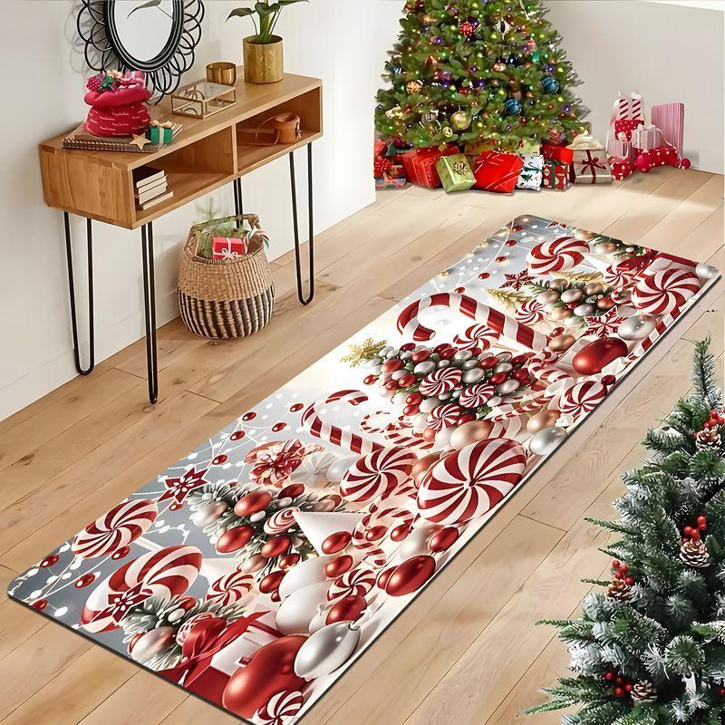 Vintage Christmas Runner Rug Candy Cane Peppermint Design Washable Anti Slip Mat Hallway Bedroom Farmhouse Decor
