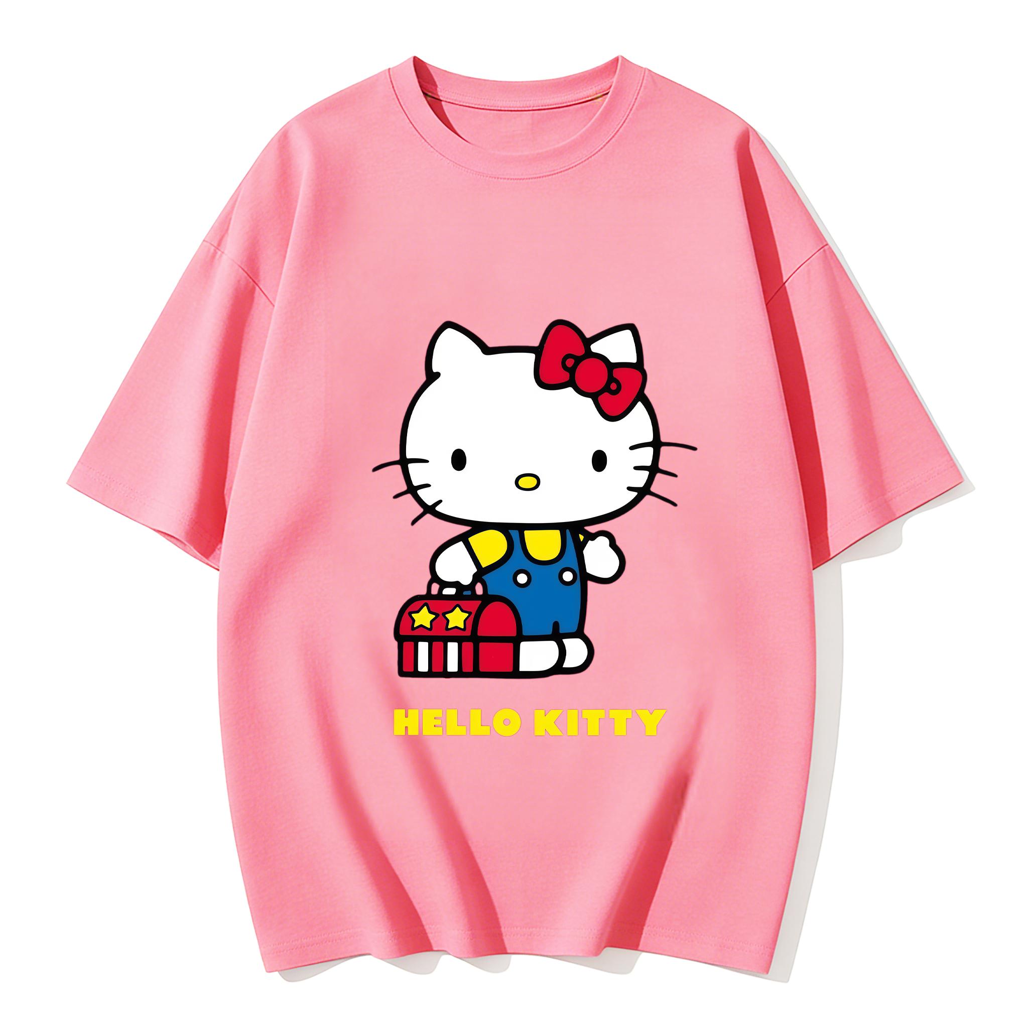 2026 Summer Hello Kitty Cartoon Printed Short Sleeve Pure Cotton Tshirt Comfortable summer loosefitting Womens clothing S