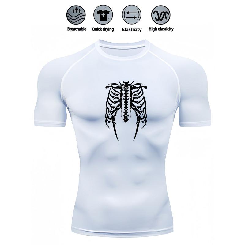 Men's Compression Shirt Quick Dry Gray Gym T-Shirt White Skeleton Rib Cage Print Workout Sportswear