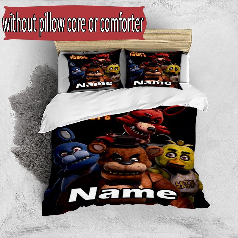 3'lü Nevresim Takımı (1*Nevresim Kılıfı + 2*Yastık Kılıfı, Çekirdeksiz), Özel İsimli Five Nights at Freddy's Desenli Nevresim Takımı, Ev Yatak Odası Dekorasyonu Hediye