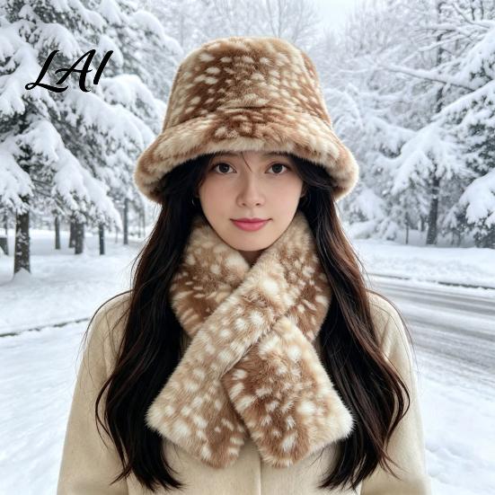 Warm Windproof Headwear Women Spotted Deer Hat Faux Fur Bucket Hat Winter Scarf Cute Print Soft Cozy Furry Fisherman for Girls Autumn Accessory