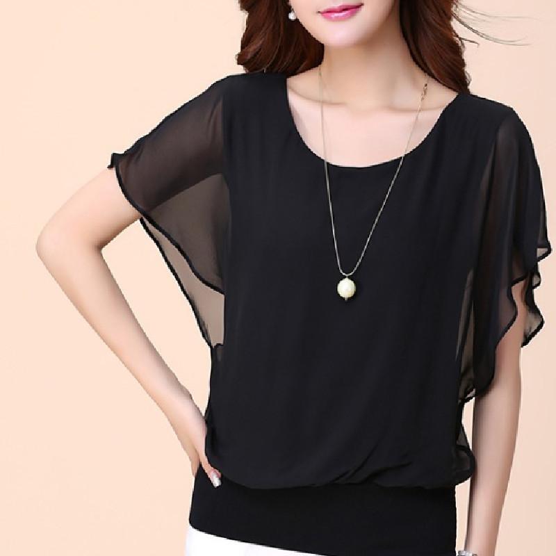 1116 Sommer Neue Mode Damen Kurzarm T-Shirt, Große Größe Damen Skinny Fledermausärmel Chiffon Hemd Lockeres Oberteil
