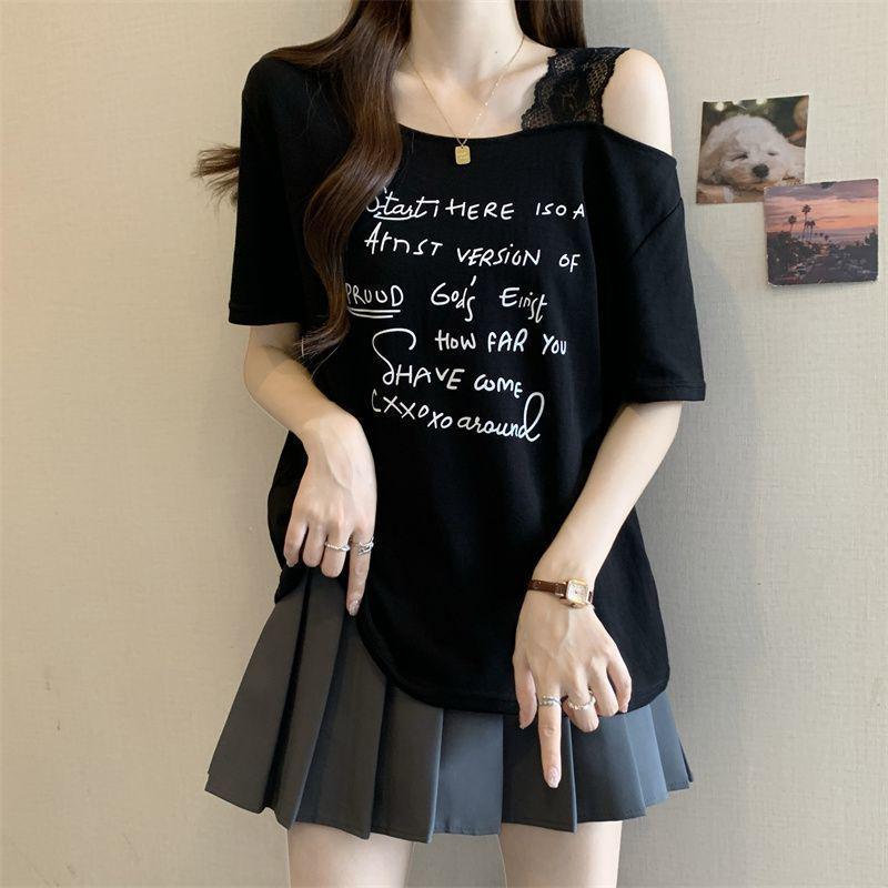 Plus Size Women's Off-the-Shoulder Letter Print T-Shirt - Short Sleeve, Loose Fit, Summer Fashion Top