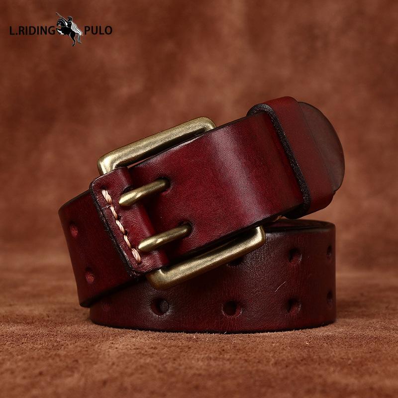 Men's Leather Belt Double Pin Buckle Top Layer Cowhide Retro Youth Copper Buckle Belt