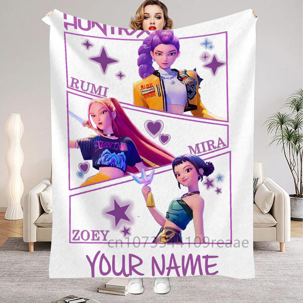 K Pop Demon Hunters Customize Name Flannel Blankets For Girls Boys Living Room Bedroom Sofa Bithday Gifts Soft Throw Blanket