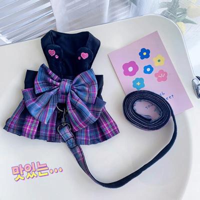 Pet Plaid Bow Princess Dress Dog Harness and Leash Set for Small Medium Dogs Puppy Chihuahua Yorkshire Poodle Outdoor Walking