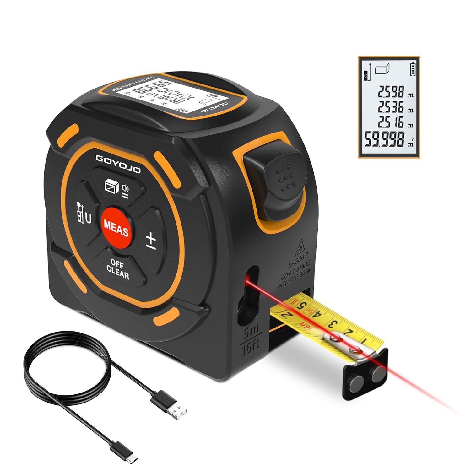 Digital Laser Tape Measure with Type-C Charging, 131/197-ft Laser Tape Measure & 16-ft Tape Measure 2-in-1 Tools, N/in/ft Units Pythagorean, Area,