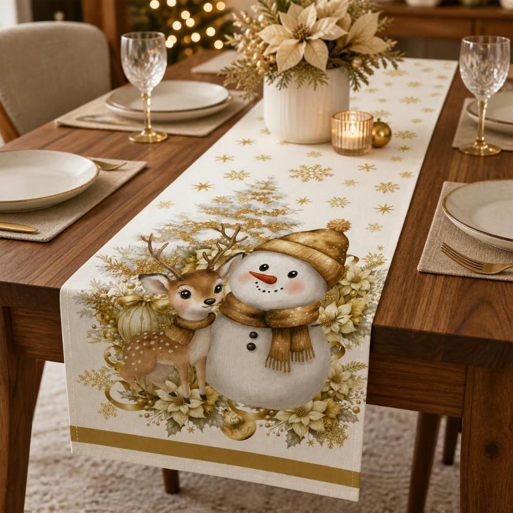 Santa Snowman Christmas Tablecloth Tabletop Decoration Poinsettia Table Runner Kitchen