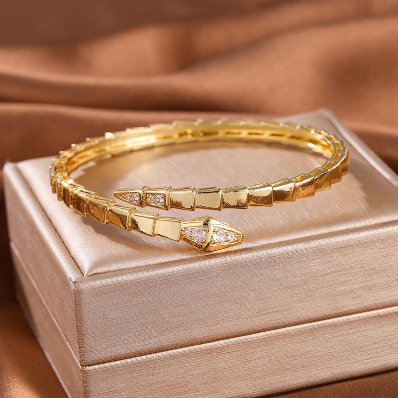 Double Head & Tail Diamond Snake Bone Bangle: Stylish Open Design, Fashion Trend