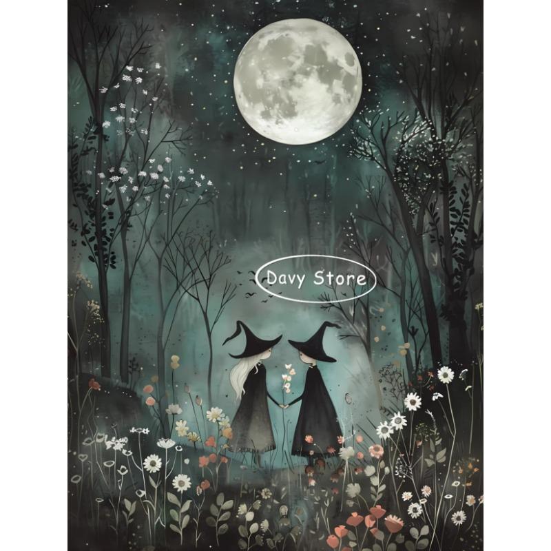 Vintage Witch Black Cat Dark Academia Poster Print Canvas Painting Halloween Witchy Wall Art Picture Gothic Room Home Decor