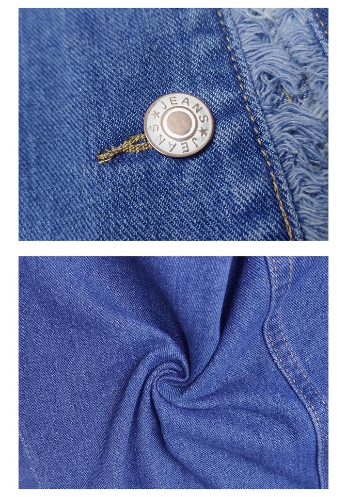 American Style Frayed Denim Slim Fit Jacket for Women - Single-Breasted, Long Sleeve, Spring/Autumn