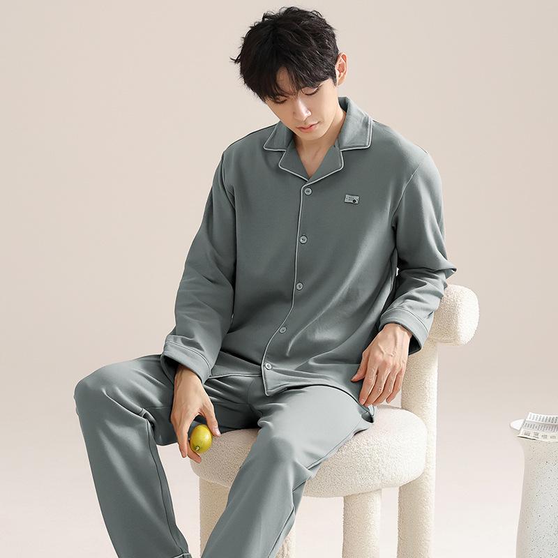 

Мужской кардиган с длинным рукавом из 100% чистого хлопка, пижамный комплект с лацканами - Домашняя одежда в корейском стиле, двухпредметный, полностью из хлопка 3XL (recommended 82.5-100 kg)