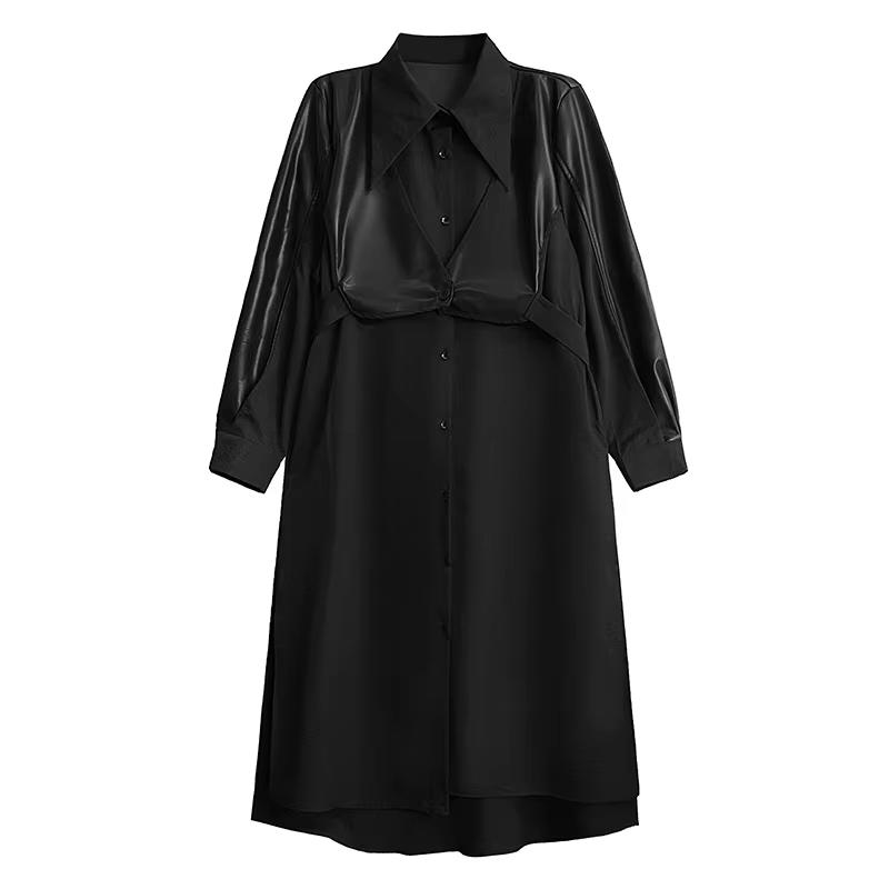 

XITAO Pu Patchwork Single Breasted Dress ZY8930 One Size чёрный