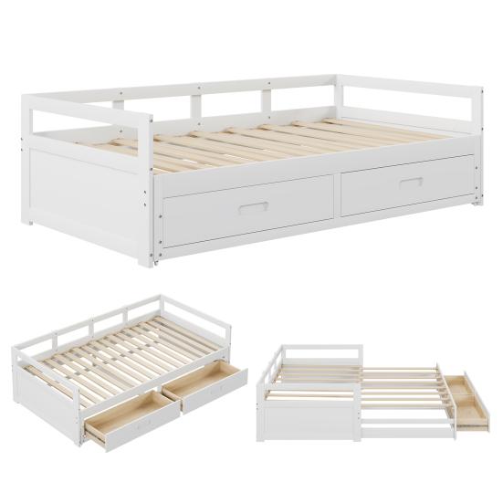 Pull-out Sofa Bed, 78" Convertible Sectional Couch Bed, Modern Wood Couches with Drawers And Slats for Living Room (White)