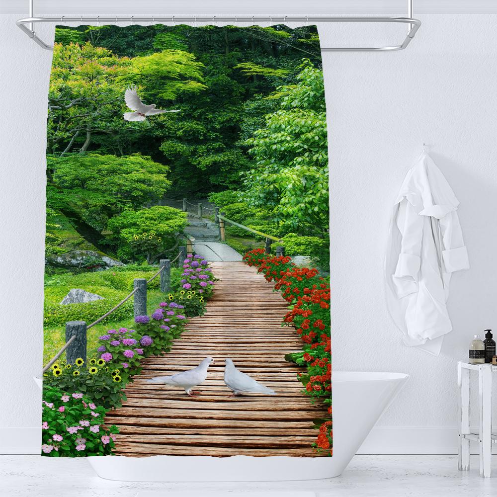 1 Pcs Forest Pattern Polyester Material Shower Curtain Waterproof Fabric, Partition Curtain For Bathroom,Home Decoration Curtain