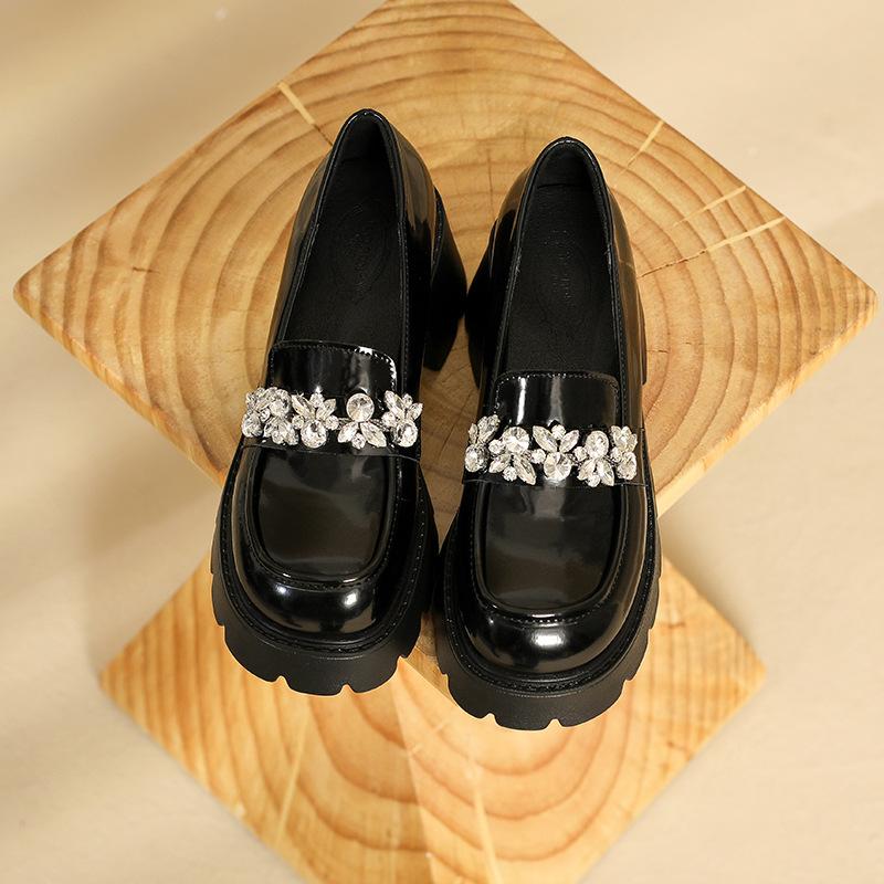 Thick-soled small leather shoes women's new retro versatile black leather square head thick heel single shoes
