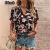Crushed Flower Casual T Shirts Streetwear Casual Woman Topsshort Sleeve V Neck Tshirt Women's Fashions Loose Plus Size Clothing