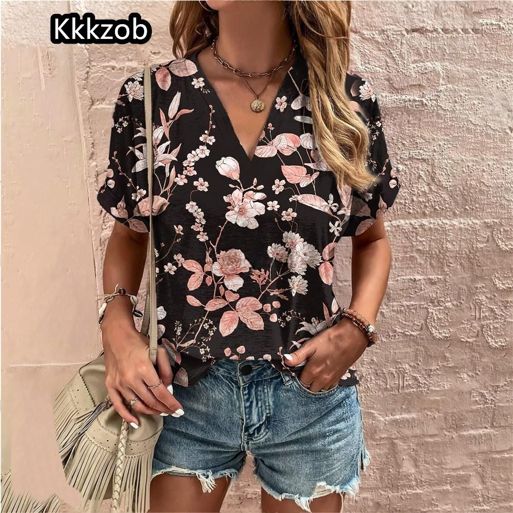 Crushed Flower Casual T Shirts Streetwear Casual Woman Topsshort Sleeve V Neck Tshirt Women's Fashions Loose Plus Size Clothing