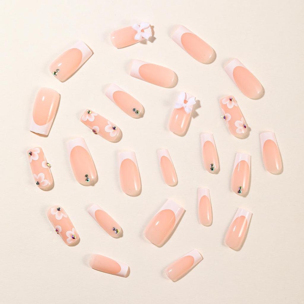 Elegant Medium-Long White French Tip Fake Nails with Flower Bow & Rhinestones