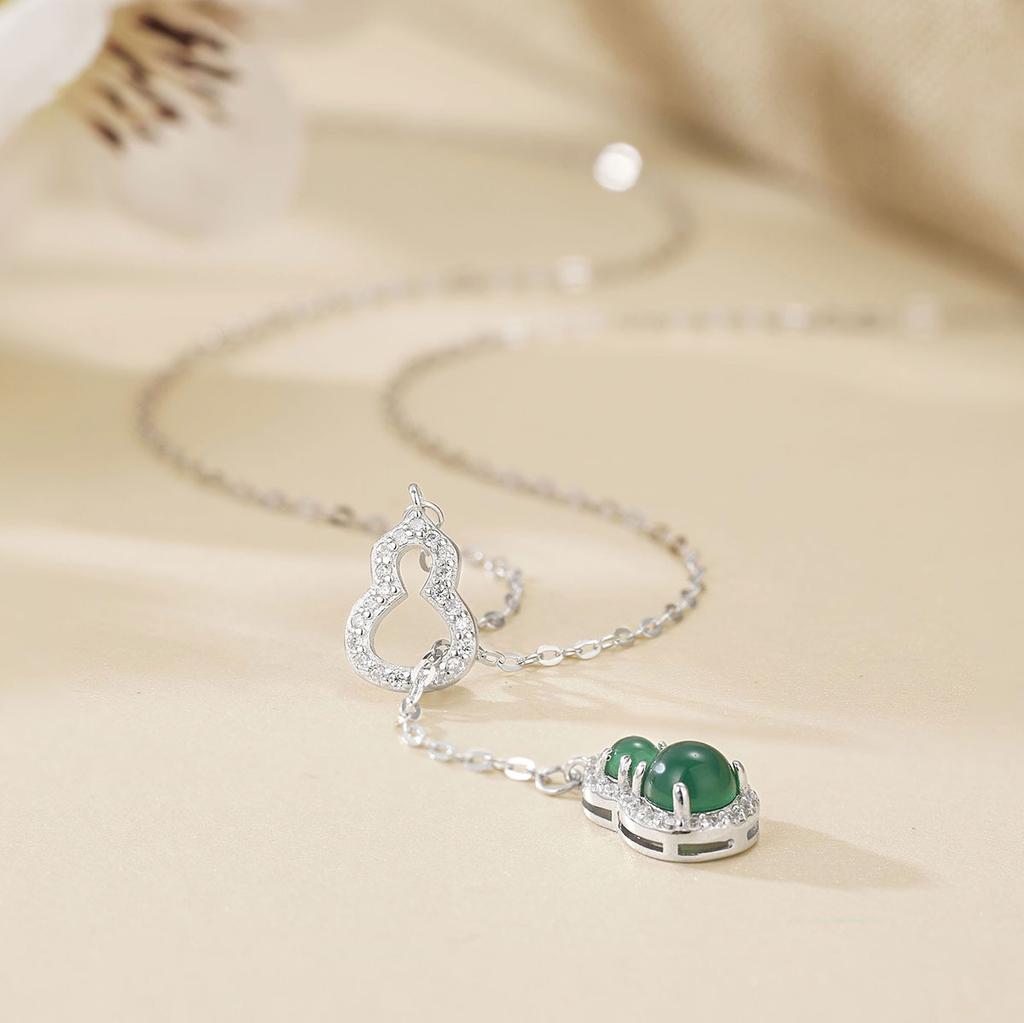 S925 Silver Fulu Necklace Women's Chalcedony Fulu Pendant Double Gourd Premium Sense Interlocking Clavicle Chain