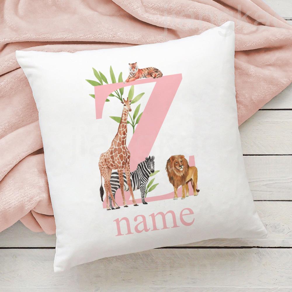 Personalized Pillow Case Initial with Name Safari Animal Pillow Cover Kids Bedroom Wild Party Decor Kids Birthday Shower Gift