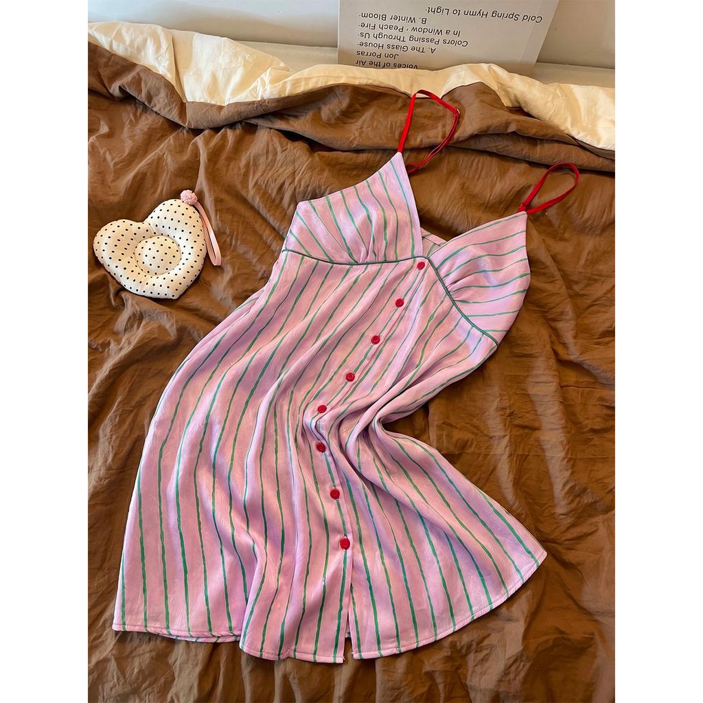 Sweet Girl Pink Striped Ice Silk Suspender Nightdress Women's Summer 1011 New Home Dress That Can Be Worn Outside