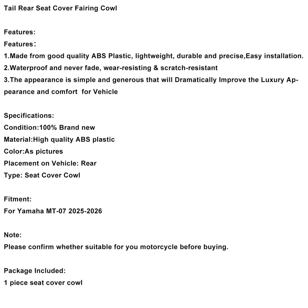 Tail Rear Seat Cover Fairing Cowl For Yamaha MT-07 MT07 2025-2026 Carbon