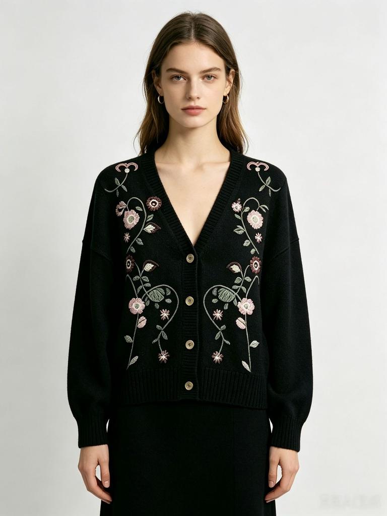 European and American style autumn and winter new heavy industry embroidered beads flower knitted cardigan women's loose v-neck outer sweater