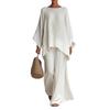 Women Solid Color Two Piece Set Crew Neck Wide Leg Pants Loose Fit Casual Outfit