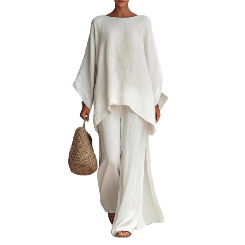 Women Solid Color Two Piece Set Crew Neck Wide Leg Pants Loose Fit Casual Outfit
