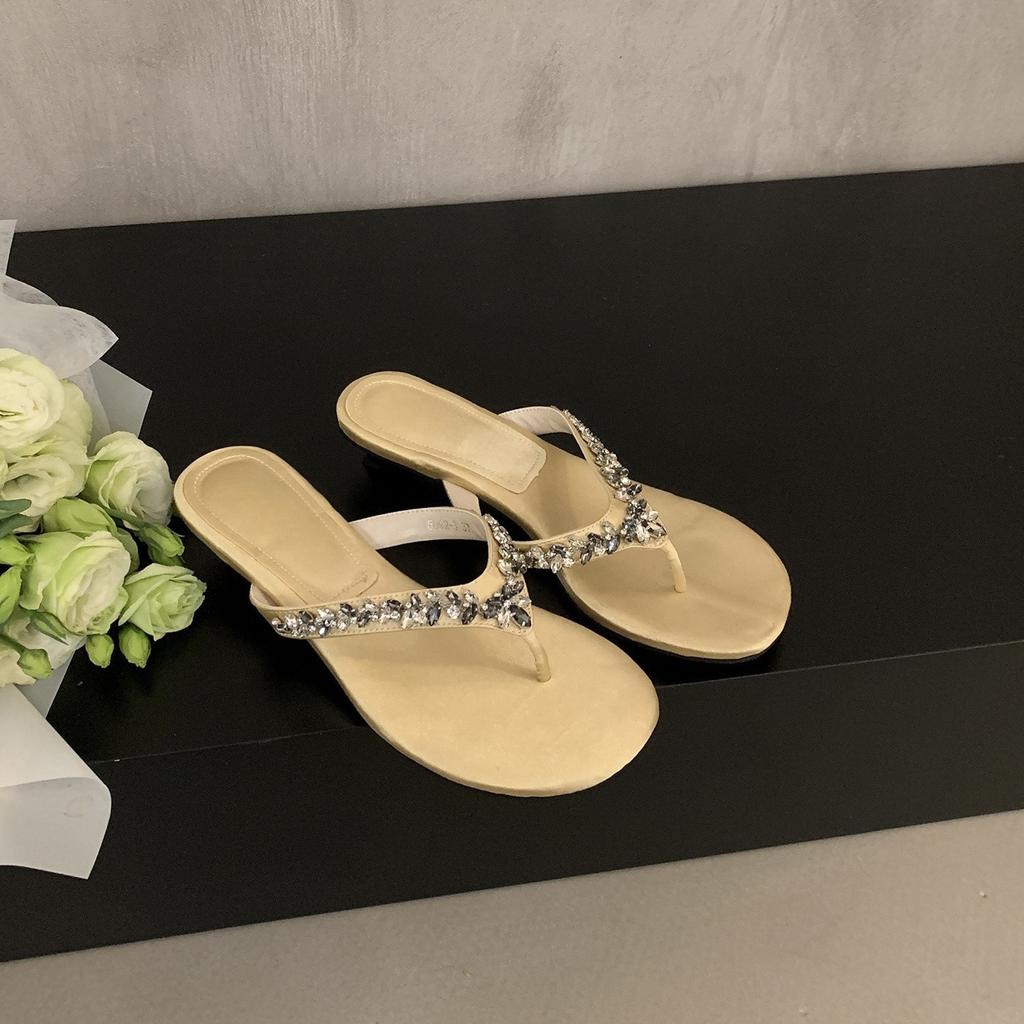 Rhinestone cool slippers women's new special-shaped heel flip-flops round head open-toed high heels