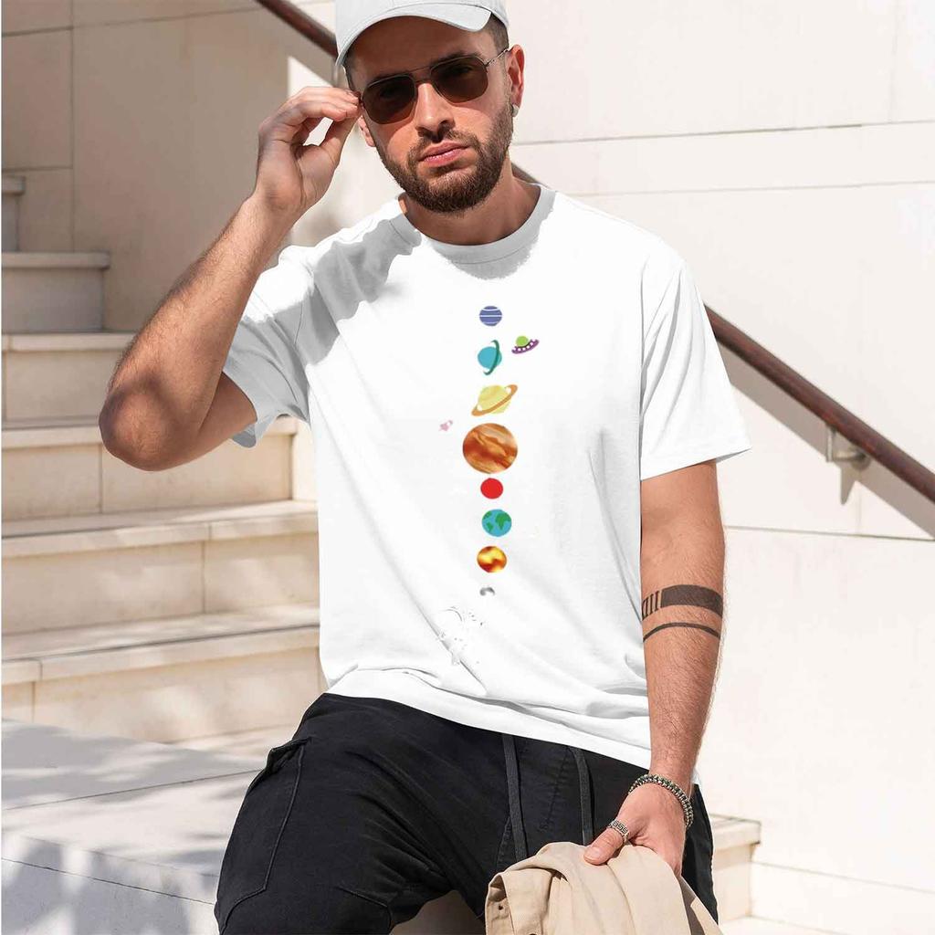 2026 New Model Unisexs 100 Pure Cotton Summer Loose Size Astronaut Planet Pattern Print Casual Comfortable Round Neck Short Sleev