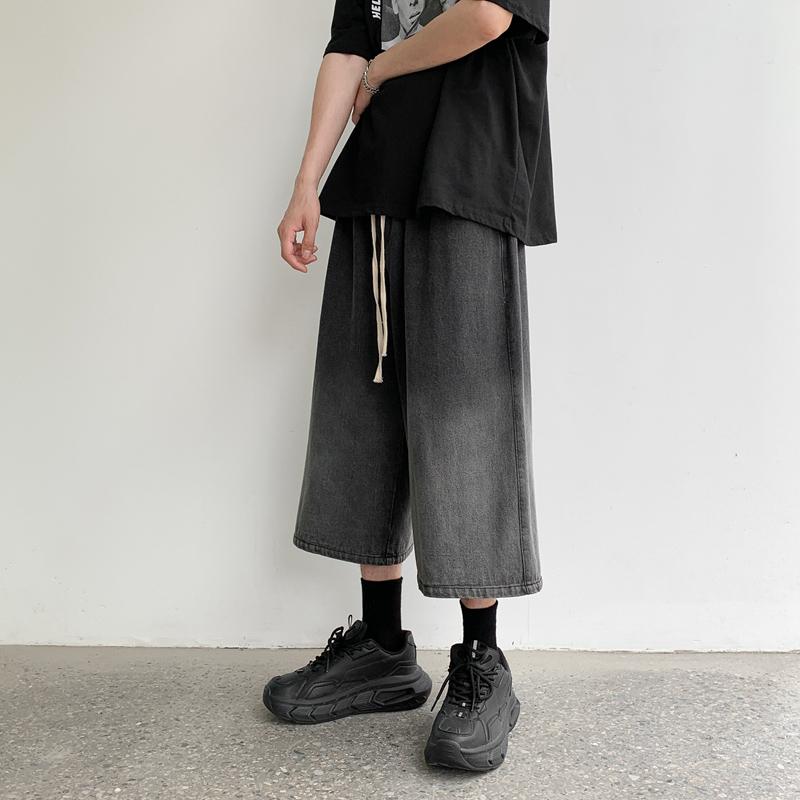 2023 Summer New Casual Calf-length Men's Jeans Pants Harajuku Elastic Waist Solid Color Baggy Jeans For Man