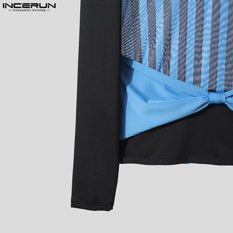 INCERUN Two-piece Men Long Sleeve Striped Mesh Sheer Bow Tops and Pants Sets