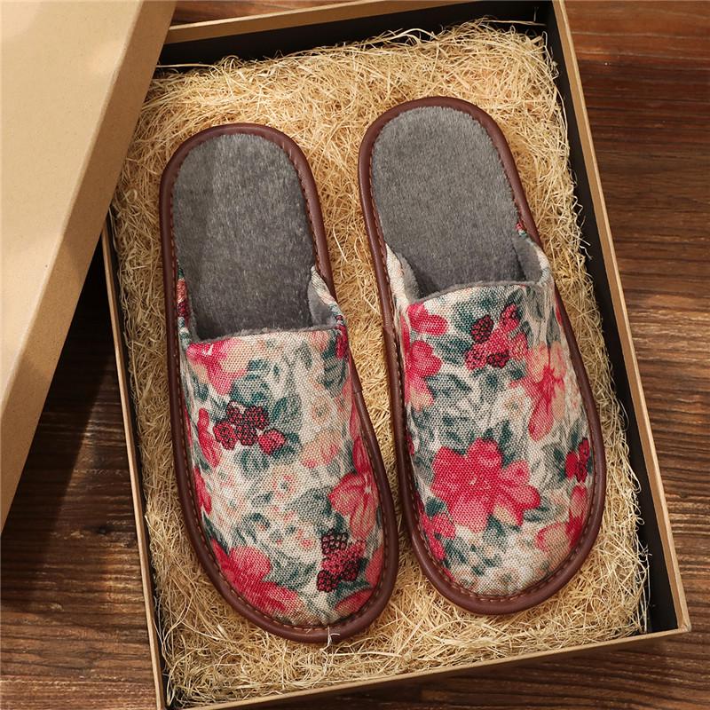 Japanese-Style Cotton Slippers: Velvet-Lined, Anti-Slip, Printed Linen, Soft TPR Sole, Durable, Comfortable, Warm.