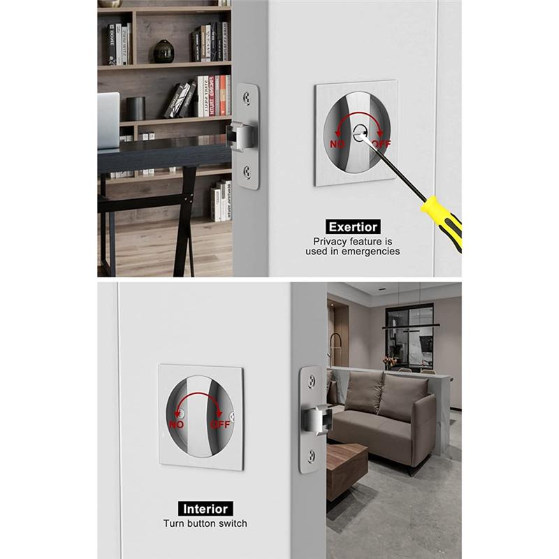 Bed/Bath Pocket Door Lock, Satin Nickel Contemporary Privacy Square Pocket Door Hardware, Sliding Pocket Door Latch