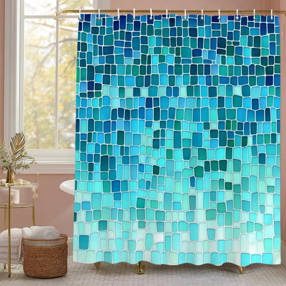 Modern Creative Geometric Pattern Blue Shower Curtain, Bathroom Decorative Shower Curtain, Waterproof Shower Curtain with Hooks
